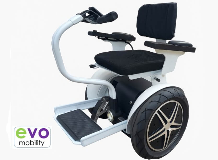 This image shows the front view of the Evo PT Self-Balancing All-Terrain Mobility Device, a modern, compact electric wheelchair designed for independent mobility.