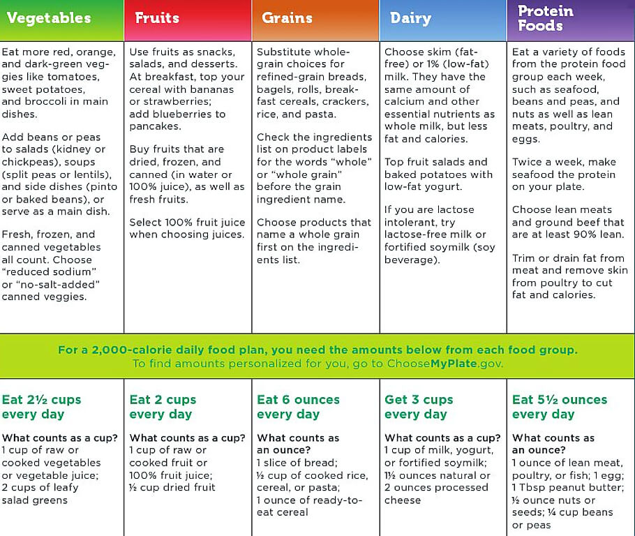 This image is a nutritional guide displaying dietary recommendations across five food groups: Vegetables, Fruits, Grains, Dairy, and Protein Foods.