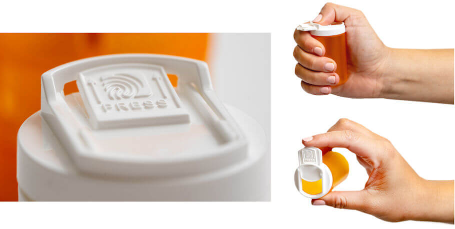 A product photo set against a white background shows the SnapSlide prescription vial closure in three views.