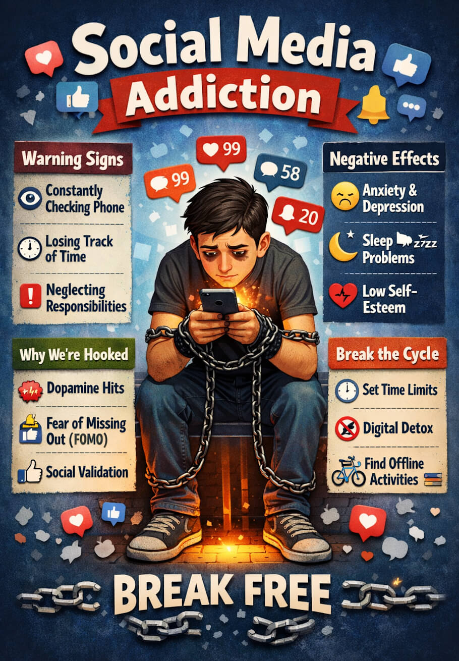 This image is a stylized infographic titled Social Media Addiction shows a young person sitting hunched forward on a small block, staring down at a glowing smartphone held in both hands, with heavy chains wrapped around their wrists and body to symbolize being trapped.
