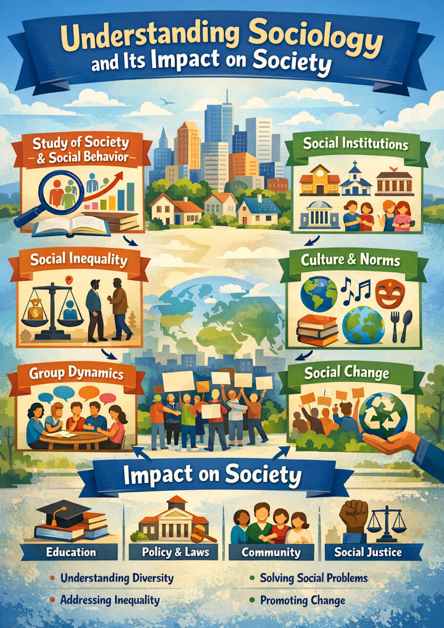 This image is a colorful infographic titled Understanding Sociology and Its Impact on Society, arranged vertically like a poster, showing how sociological ideas connect to everyday life.