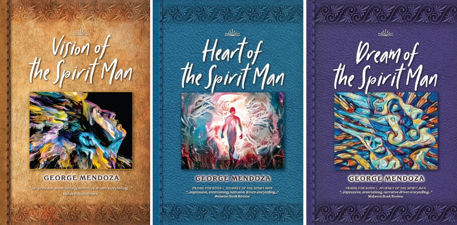 Three book covers shown side by side, all in the same stitched leather journal style as Journey of the Spirit Man, each by George Mendoza.