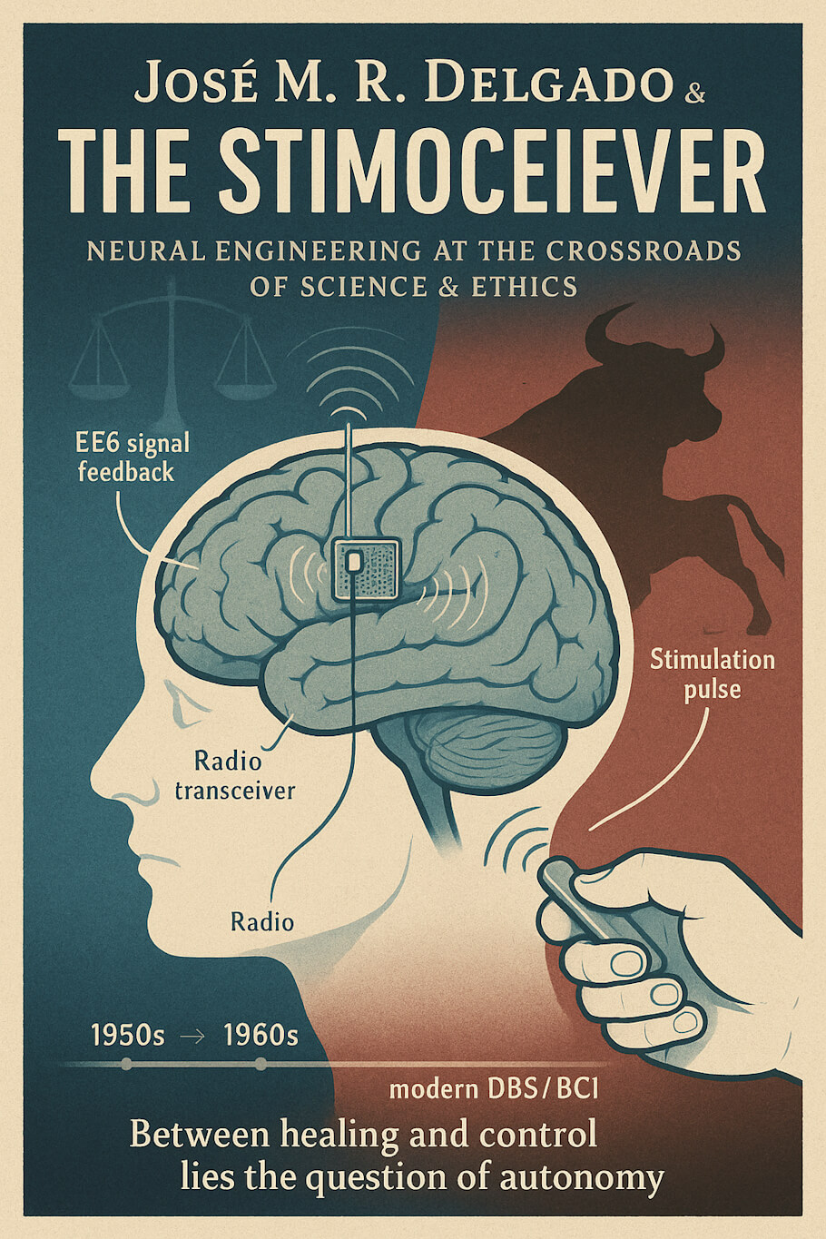 This image is a vintage-style scientific poster about José M. R. Delgado and his invention, the Stimoceiver, a brain implant used in early neural engineering experiments.