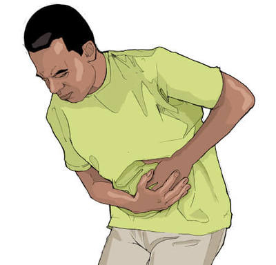 Illustration of a man in a green shirt bent over holding his stomach area.