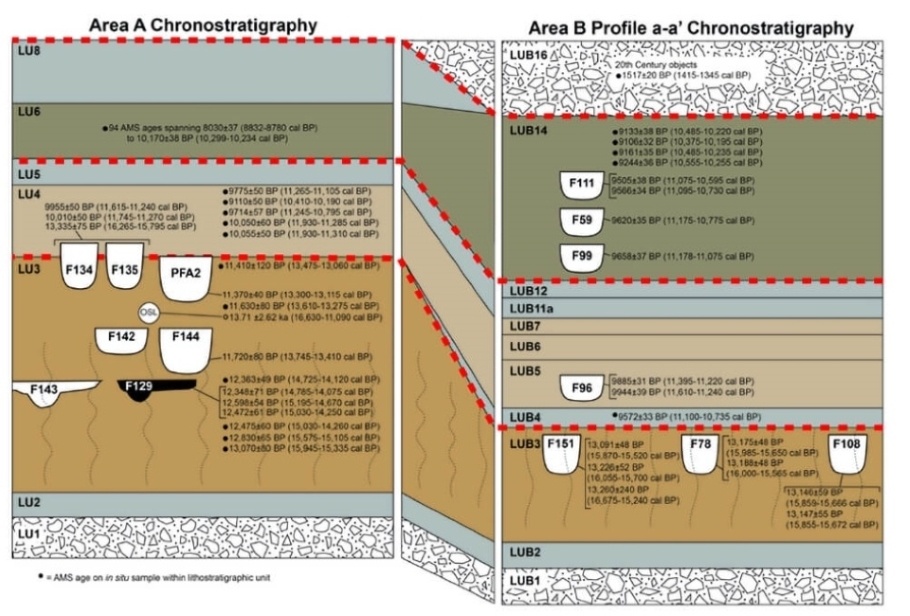 The Cooper's Ferry site's Stratigraphic model shows the distribution of cultural features (e.g., fire hearths, pits), radiocarbon and optically stimulated luminescence ages, sediment layers, and buried soils as exposed by excavations in Area A and Area B - Image Credit: Loren Davis.