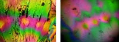 Images of a sugar crystal taken through polarized light filters. Left: traditional microscope. Right: cell phone microscope.