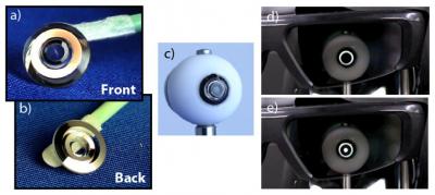 This image shows five views of the switchable telescopic contact lens. a) From front. b) From back. c) On the mechanical model eye. d) With liquid crystal glasses. Here, the glasses block the unmagnified central portion of the lens. e) With liquid crystal glasses. Here, the central portion is not blocked. Credit: Optics Express