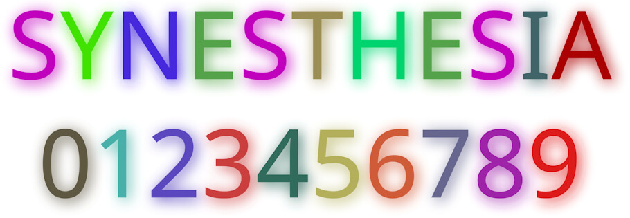 This image displays the word SYNESTHESIA and the digits 0 through 9, each character shown in a distinct color, illustrating a common form of synesthesia known as grapheme-color synesthesia.