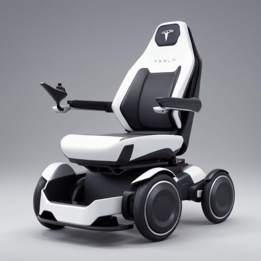 A classy and practical gray and white four wheel electric wheelchair concept inspired by Tesla.