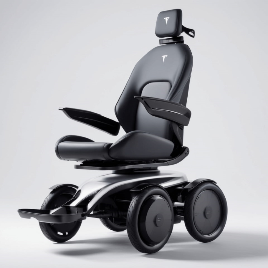 A gray sleek and sporty four wheel electric wheelchair concept.