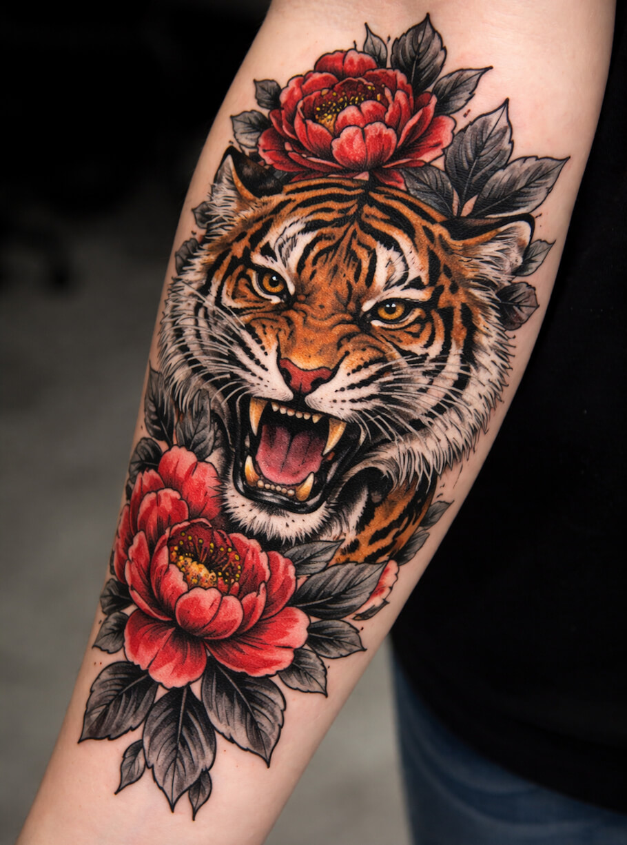 This AI image shows a close-up view of a person's inner forearm featuring a large, colorful tattoo that runs vertically along the arm.