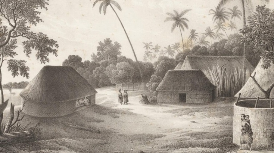 Tonga Village: Part of an engraving by Louie-Auguste de Sainson depicting a residential dwelling (left) constructed on top of a mound approximately one meter tall - Image Credit: Collections of the State Library of New South Wales, Australia.