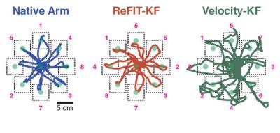 These diagrams trace the accuracy of various trial scenarios of the ReFIT algorithm developed at Stanford.