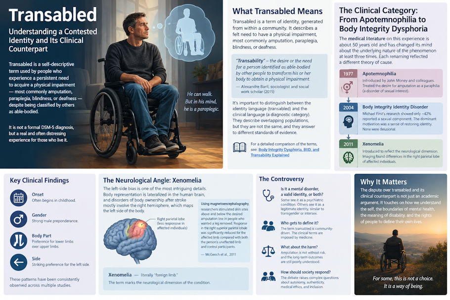 The image is a wide, infographic about transabled identity and body integrity dysphoria, organized into several clearly separated panels with a muted blue, gray, beige, and lavender color palette. On the left, a middle-aged man sits in a wheelchair inside a softly lit apartment, while a translucent thought image above him shows a person using a wheelchair, illustrating the paper’s discussion of feeling that one’s body does not match one’s internal sense of self.