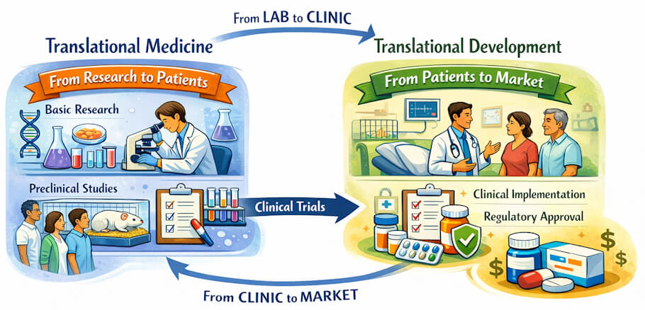 This illustration is a colorful educational infographic divided into two main panels that explain the pathway from scientific discovery to medical products.