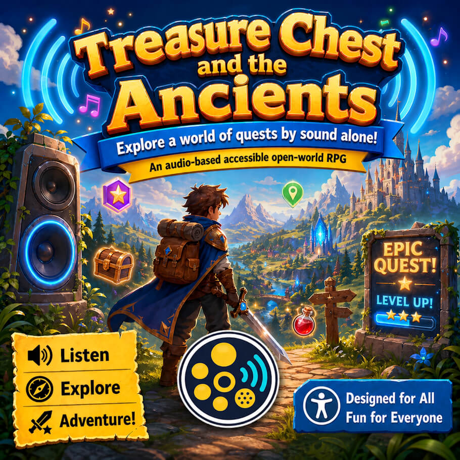 This image is a vibrant promotional poster for Treasure Chest and the Ancients, an audio-based accessible open-world RPG.