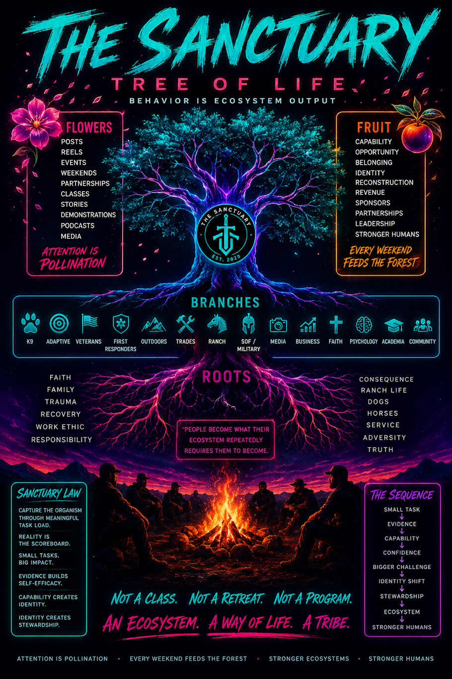 A vibrant infographic titled The Sanctuary Tree of Life uses glowing shades of blue, purple, pink, and orange to depict a large illuminated tree whose roots, trunk, branches, flowers, and fruit symbolize the organization's ecosystem for personal growth.