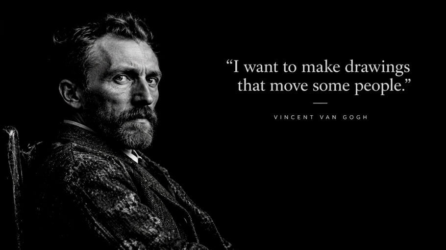 This black-and-white, photographic-style portrait shows a man depicted as Vincent van Gogh against a solid black background. He sits in a dark wooden chair on the left side of the frame, his body turned slightly to the right while he looks back over his shoulder straight at the viewer.