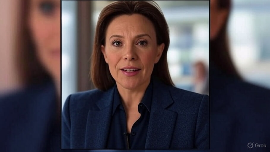 This Grok AI generated image shows a typical news-style video layout where a vertical video of a woman speaking is placed in the center of a widescreen frame.