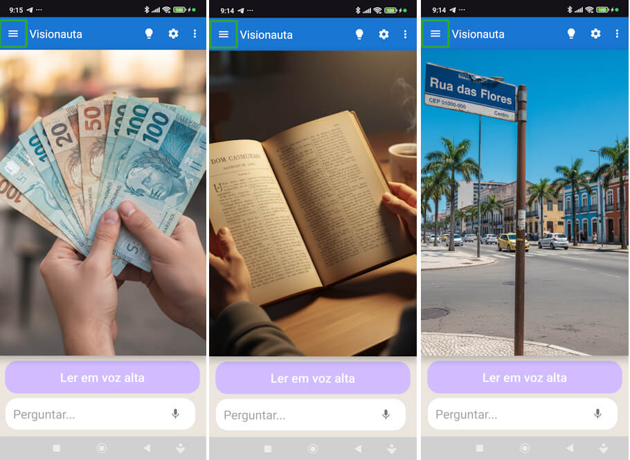 This image shows three side-by-side Android screenshots of the Visionauta app, a free AI-powered accessibility tool designed to assist people with visual impairments in everyday tasks.