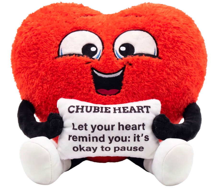 Vita the Heart Plush: A bright red heart-shaped plush toy sits against a plain white background with oversized white feet, black arms, and a big, happy smile.