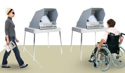 In this illustrated picture voters with disability cast their vote at voting booths.