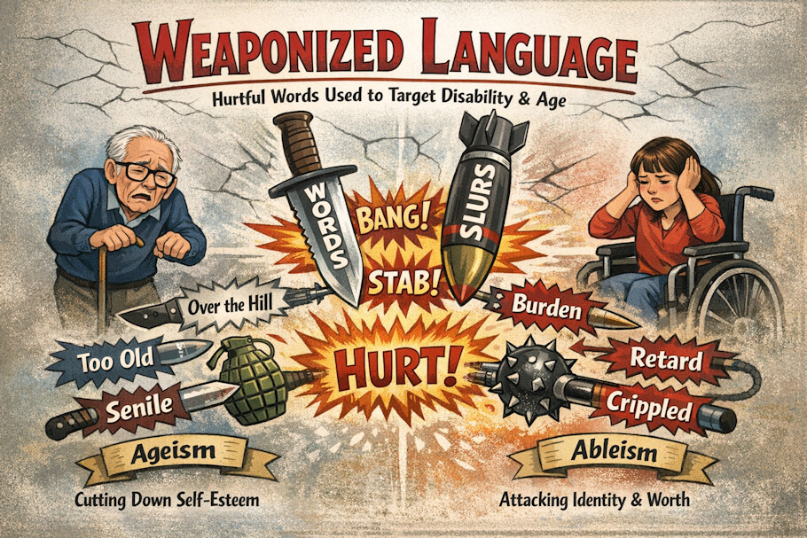 This illustration is styled like a vintage educational poster with a cracked, distressed background and the large red title Weaponized Language across the top, followed by a subtitle about hurtful words targeting disability and age.