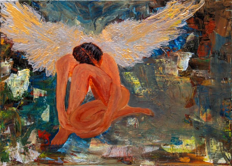 This painting titled Weeping Angel depicts a hunched figure with deep reddish-orange skin tones, seated in profile facing left, with their head bowed and body folded inward in a posture of grief or contemplation.