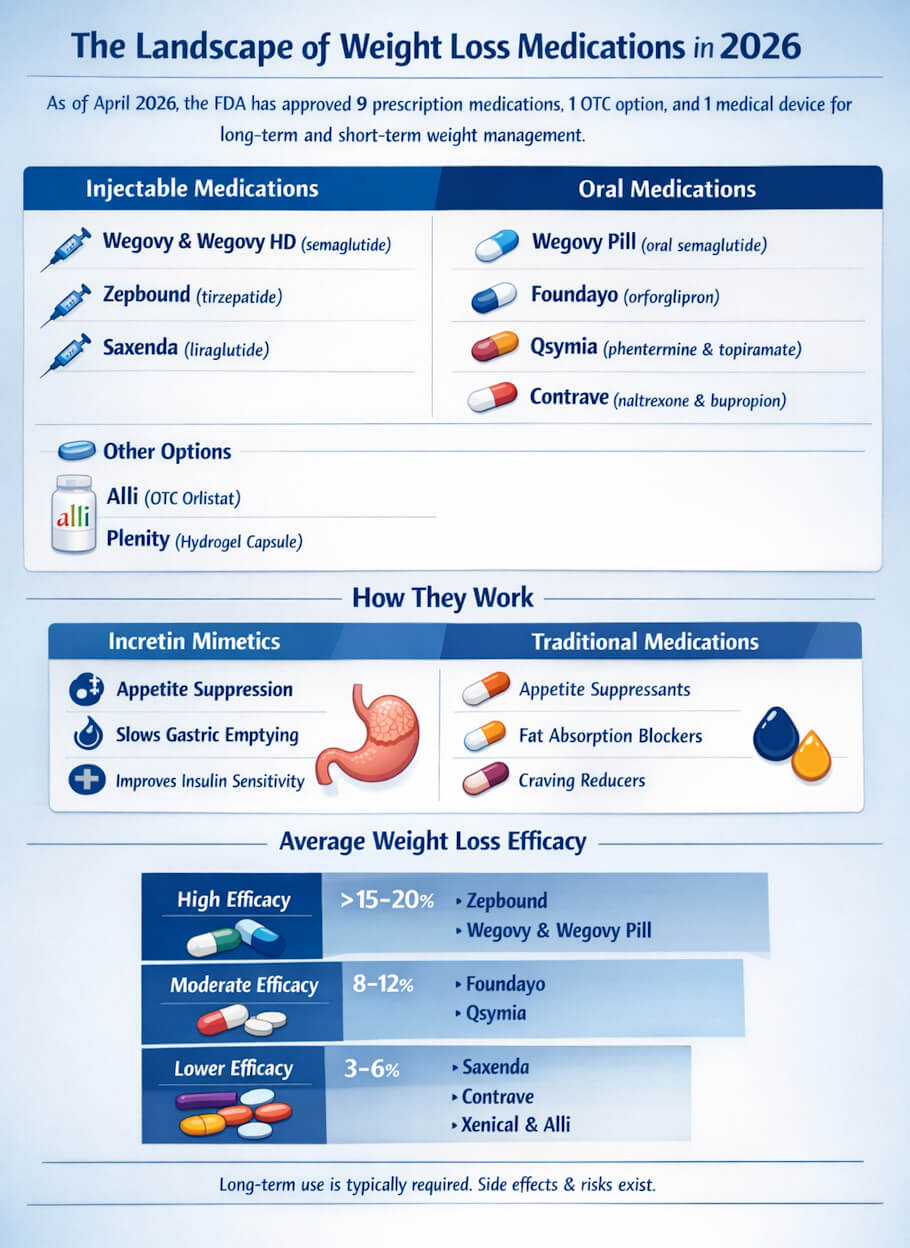 The image is an infographic titled The Landscape of Weight Loss Medications in 2026, organized into clearly separated sections with icons and simple graphics.