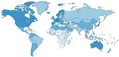 Blue shaded map outlining world countries.