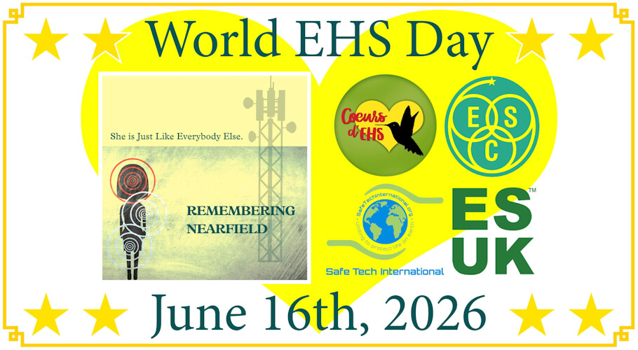 This poster celebrates World EHS Day and features a bright yellow and white design framed by a decorative gold border with gold stars in each corner.
