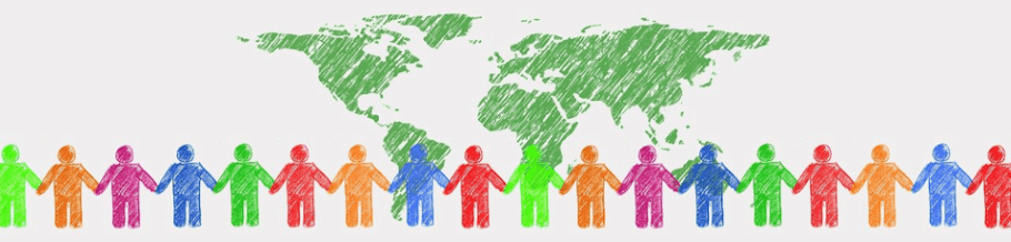 Pastel drawing of The World map with a row of people holding hands in the foreground.