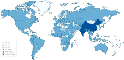 World population map with shaded densities.