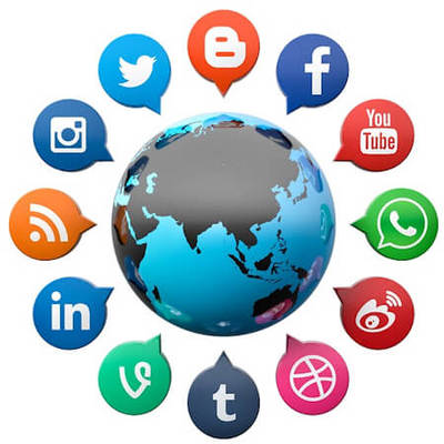 Image of a world globe surrounded by social media icons.