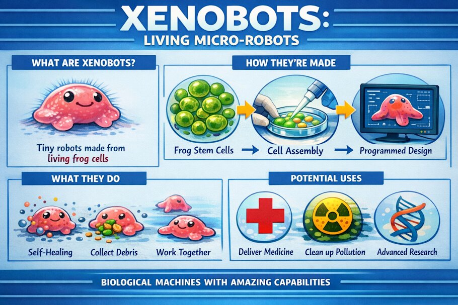 This infographic titled Xenobots: Living Micro-Robots is organized into four main sections with soft blue tones and simple illustrations.