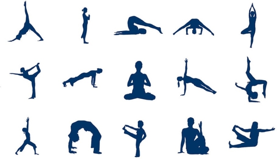 Silhouette of a woman performing various Yoga positions.