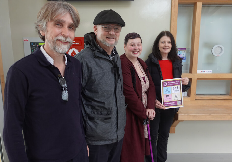 Pictured left to right at Askham Bar Park and Ride are: Carl Wain, Information and Social Action Manager and David Smith, Access Officer both from City of York Council; Dr Ashley Fisher, Chair of York Disability Rights Forum and Cllr Jenny Kent, Executive Member for Environment at City of York Council.